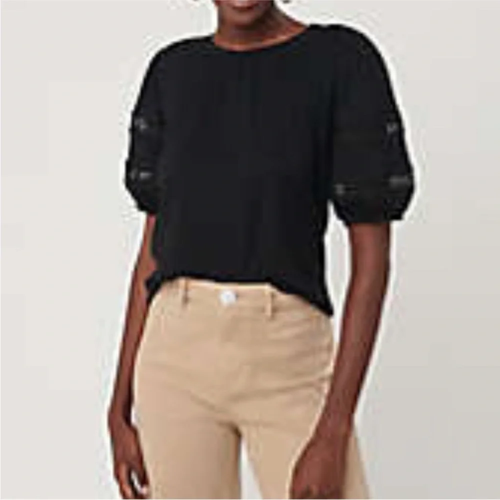 Loft Black Top Black Puff Sleeve W/Lace Insets Cotton Blouse S/Sleeves Sz Small